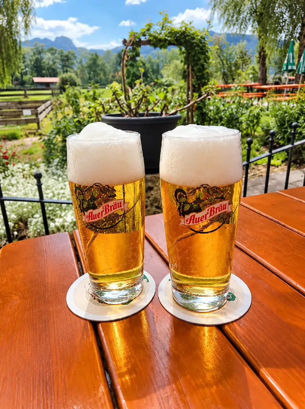 Zwei Helle von Auer Bräu auf einem Holztisch im Biergarten, im Hintergrund die Berge