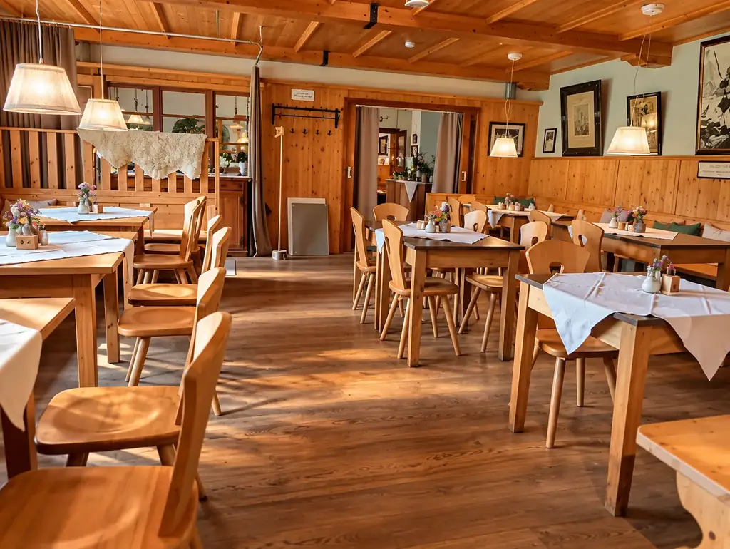 Holzgetäfelte Gaststube mit hellen Holzstühlen und Blumen auf den Tischen