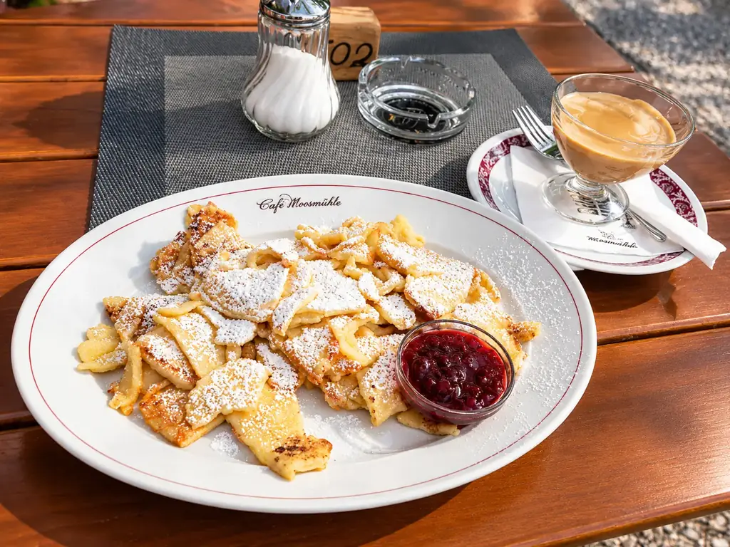 Kaiserschmarrn mit Puderzucker und Kompott auf einem Teller der Moosmühle, daneben ein Kaffeegetränk
